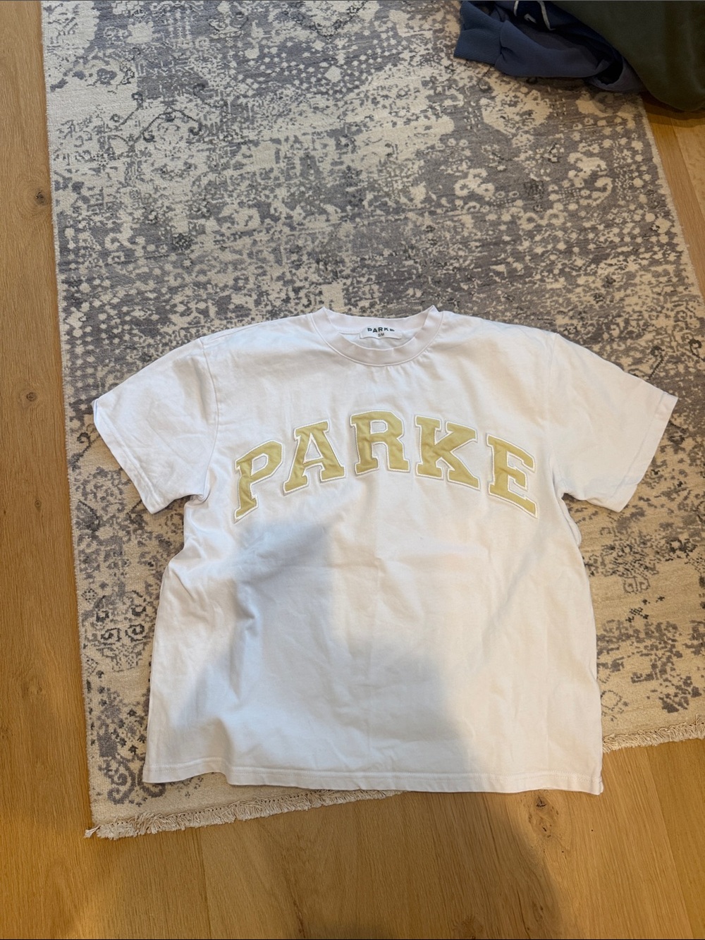 Parke White Tee with Pale Yellow Lettering